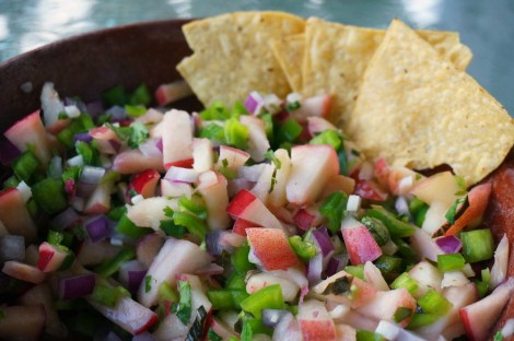 Nectarine and Hatch chile salsa, with tortilla chips