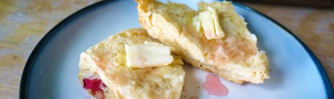 A rhubarb buttermilk scone, split in half, rests on a small plate, small pats of butter melting on each upturned face. A pale pink syrup is drizzled over both halves. In the background, we see the rest of the pan of scones, waiting.